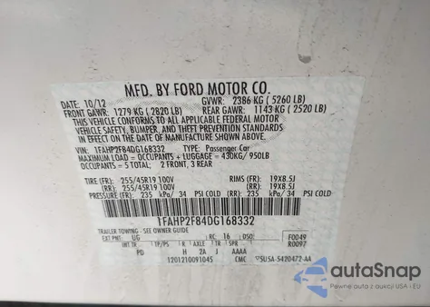 2013 Ford Taurus Limited from USA, damaged, VIN 1FAHP2F84DG168332